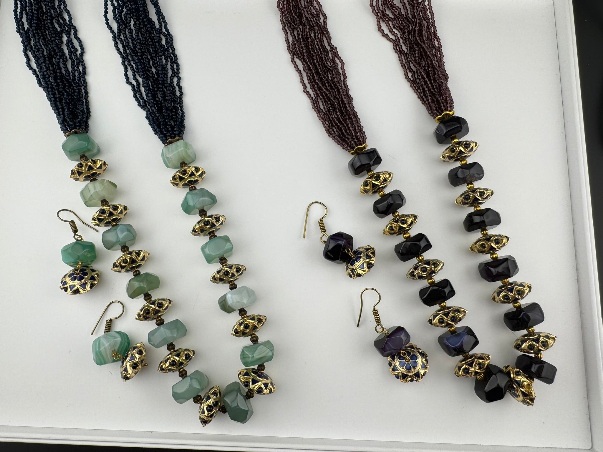 Premium Quality fusion Long Necklace with Enamel, natural and Onyx Beads with dangle earrings/Contemporary long Necklace set/Party/everyday