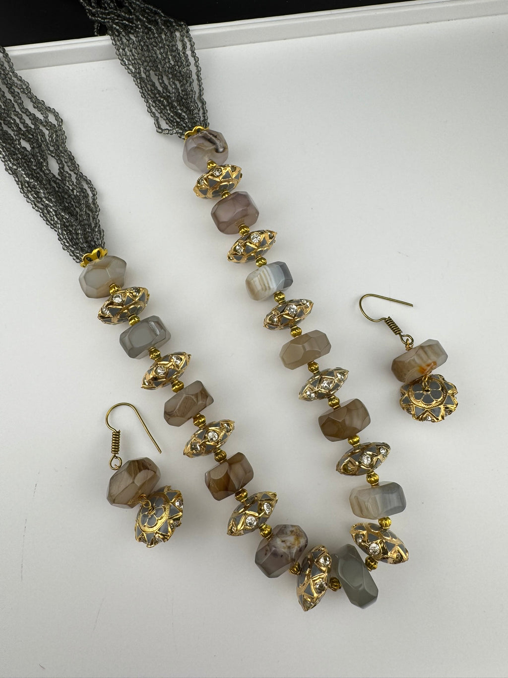 Premium Quality fusion Long Necklace with Enamel, natural and Onyx Beads with dangle earrings/Contemporary long Necklace set/Party/everyday