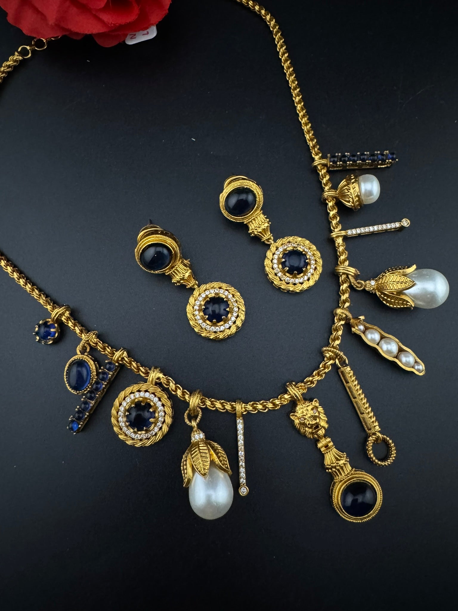 Sabyasachi Inspired Necklace set in matt gold, Pearls and natural stones/Contemporary necklace set/Indian jewelry/Unique necklace set