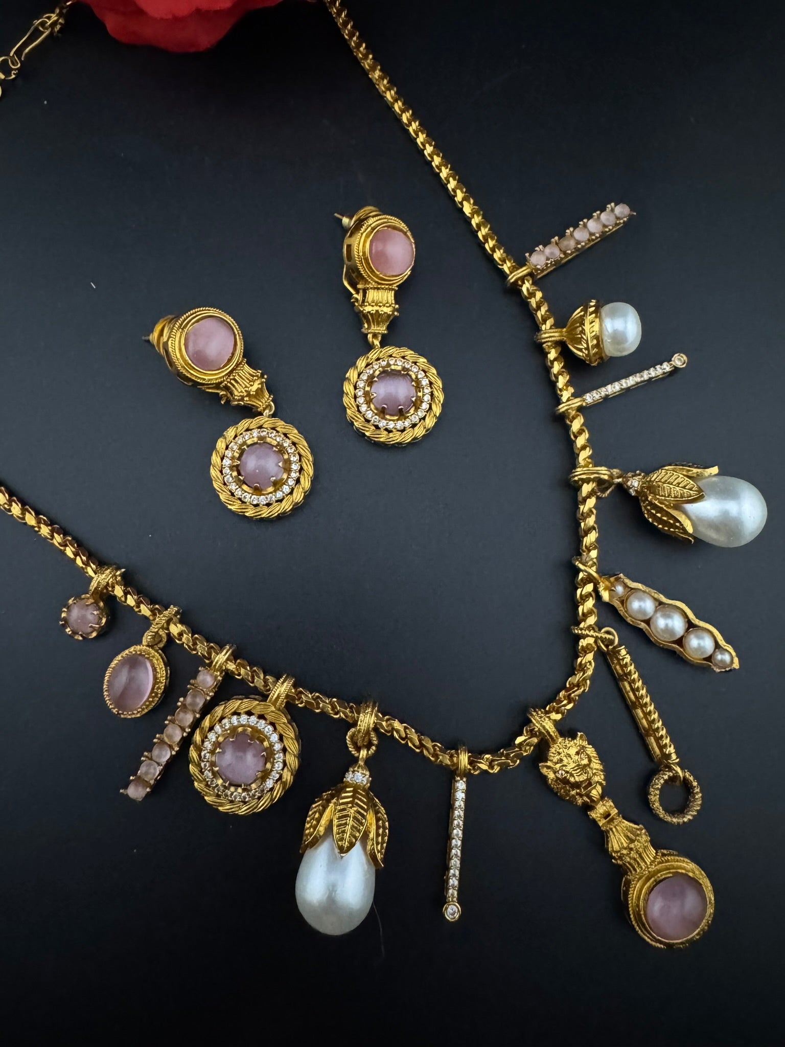Sabyasachi Inspired Necklace set in matt gold, Pearls and natural stones/Contemporary necklace set/Indian jewelry/Unique necklace set