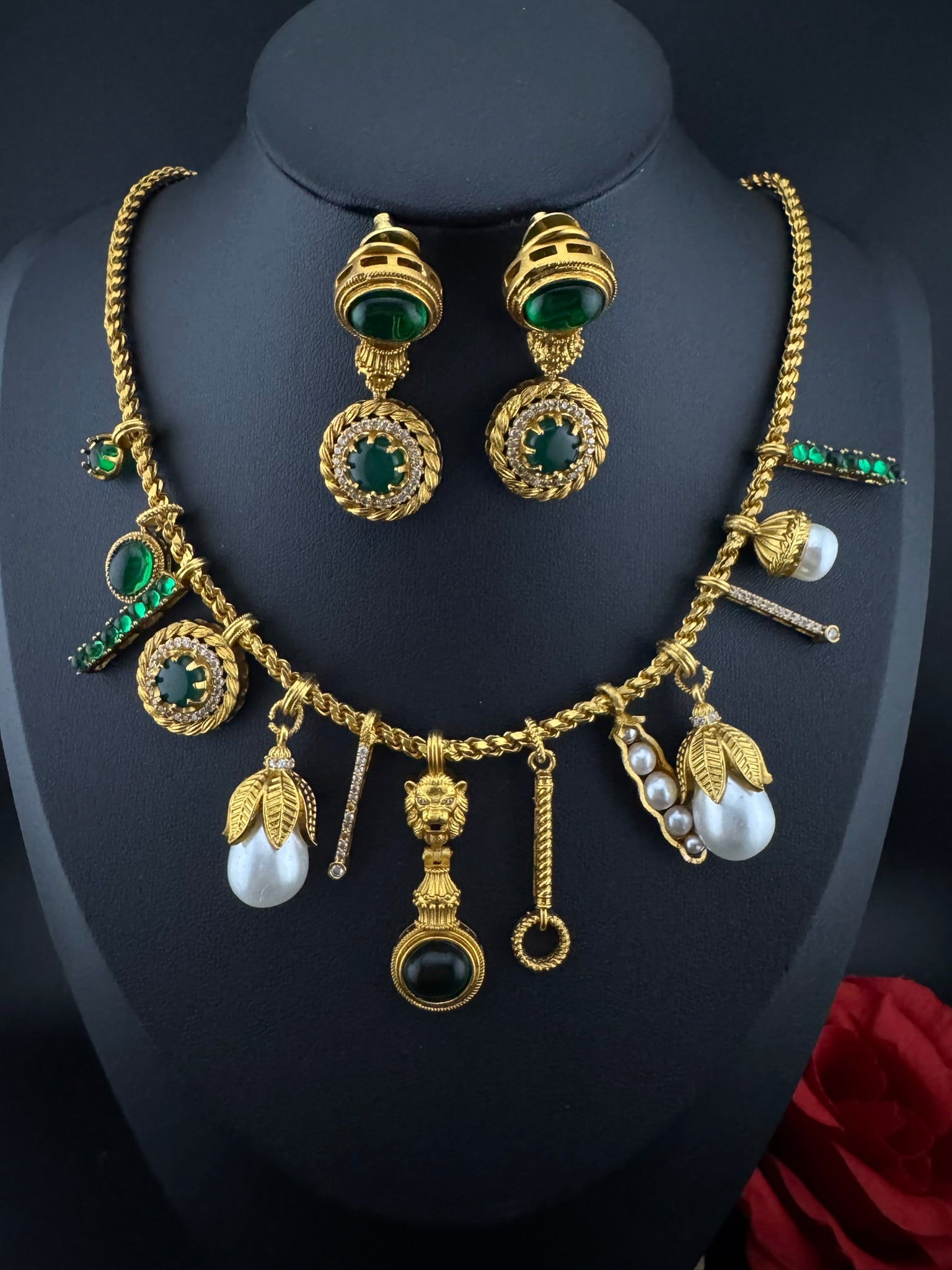 Sabyasachi Inspired Necklace set in matt gold, Pearls and natural stones/Contemporary necklace set/Indian jewelry/Unique necklace set