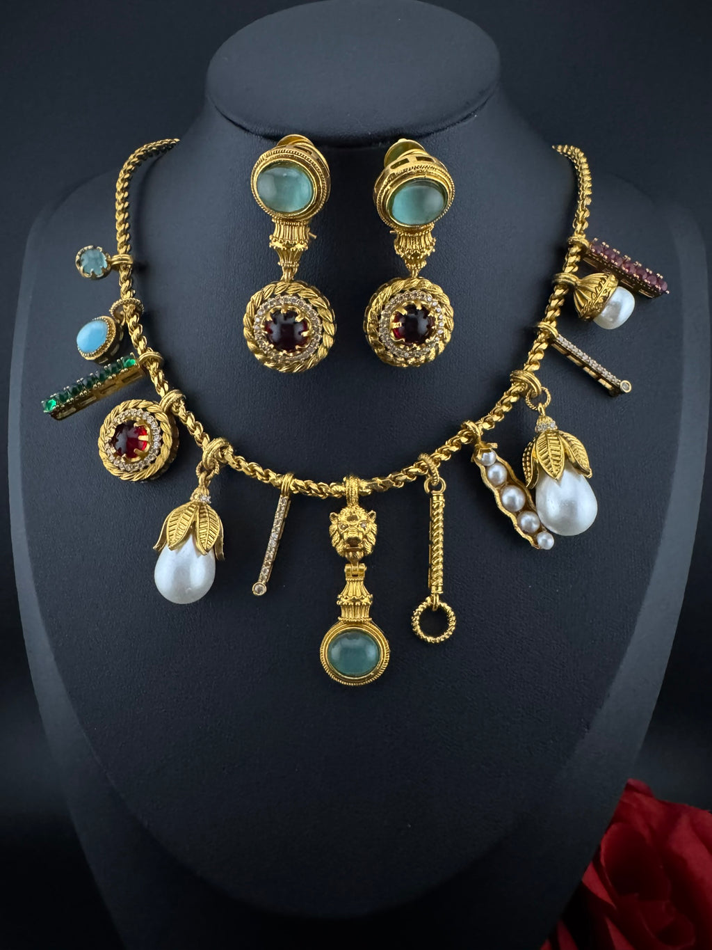 Sabyasachi Inspired Necklace set in matt gold, Pearls and natural stones/Contemporary necklace set/Indian jewelry/Unique necklace set
