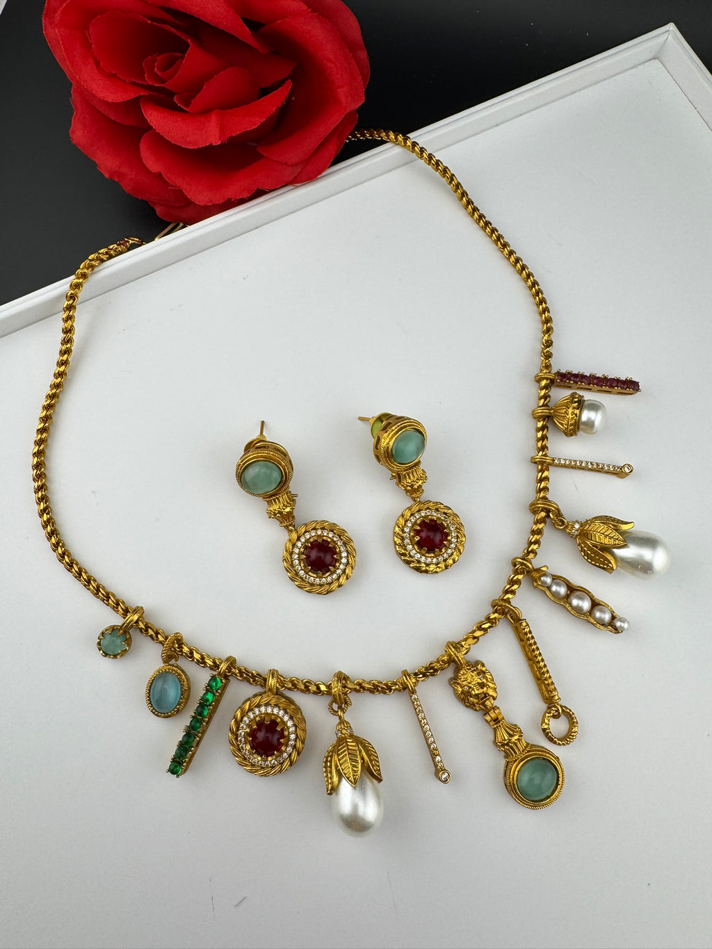 Sabyasachi Inspired Necklace set in matt gold, Pearls and natural stones/Contemporary necklace set/Indian jewelry/Unique necklace set