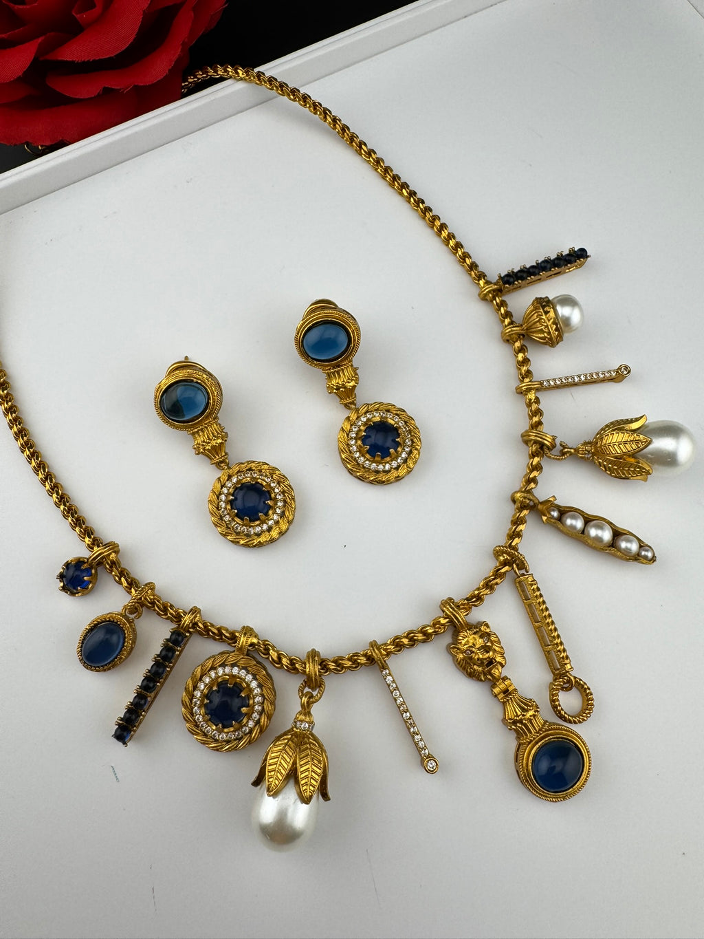 Sabyasachi Inspired Necklace set in matt gold, Pearls and natural stones/Contemporary necklace set/Indian jewelry/Unique necklace set