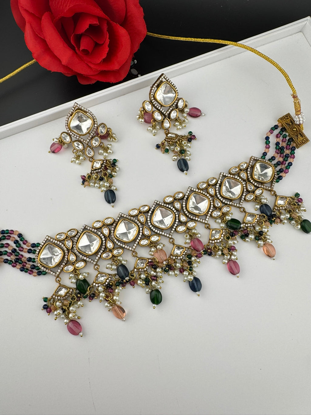 Multicolor Premium Quality Moissanite Uncut Kundan, CZ, natural stones, Onyx beads mala is Designer Choker necklace set with long earrings