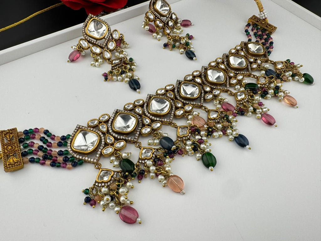 Multicolor Premium Quality Moissanite Uncut Kundan, CZ, natural stones, Onyx beads mala is Designer Choker necklace set with long earrings