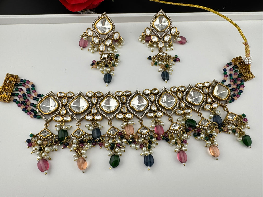 Multicolor Premium Quality Moissanite Uncut Kundan, CZ, natural stones, Onyx beads mala is Designer Choker necklace set with long earrings