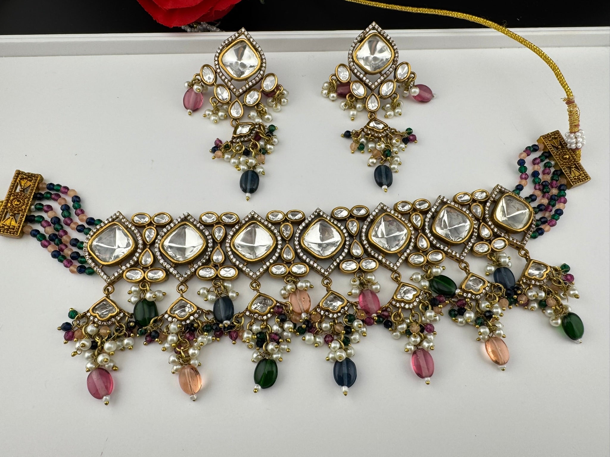 Multicolor Premium Quality Moissanite Uncut Kundan, CZ, natural stones, Onyx beads mala is Designer Choker necklace set with long earrings