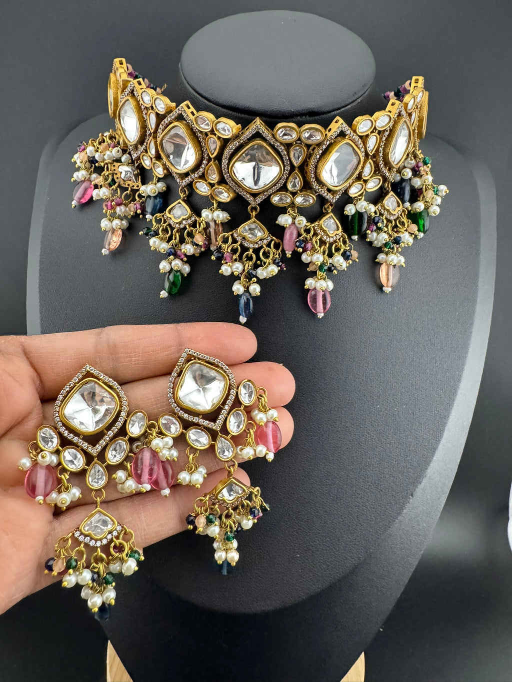 Multicolor Premium Quality Moissanite Uncut Kundan, CZ, natural stones, Onyx beads mala is Designer Choker necklace set with long earrings