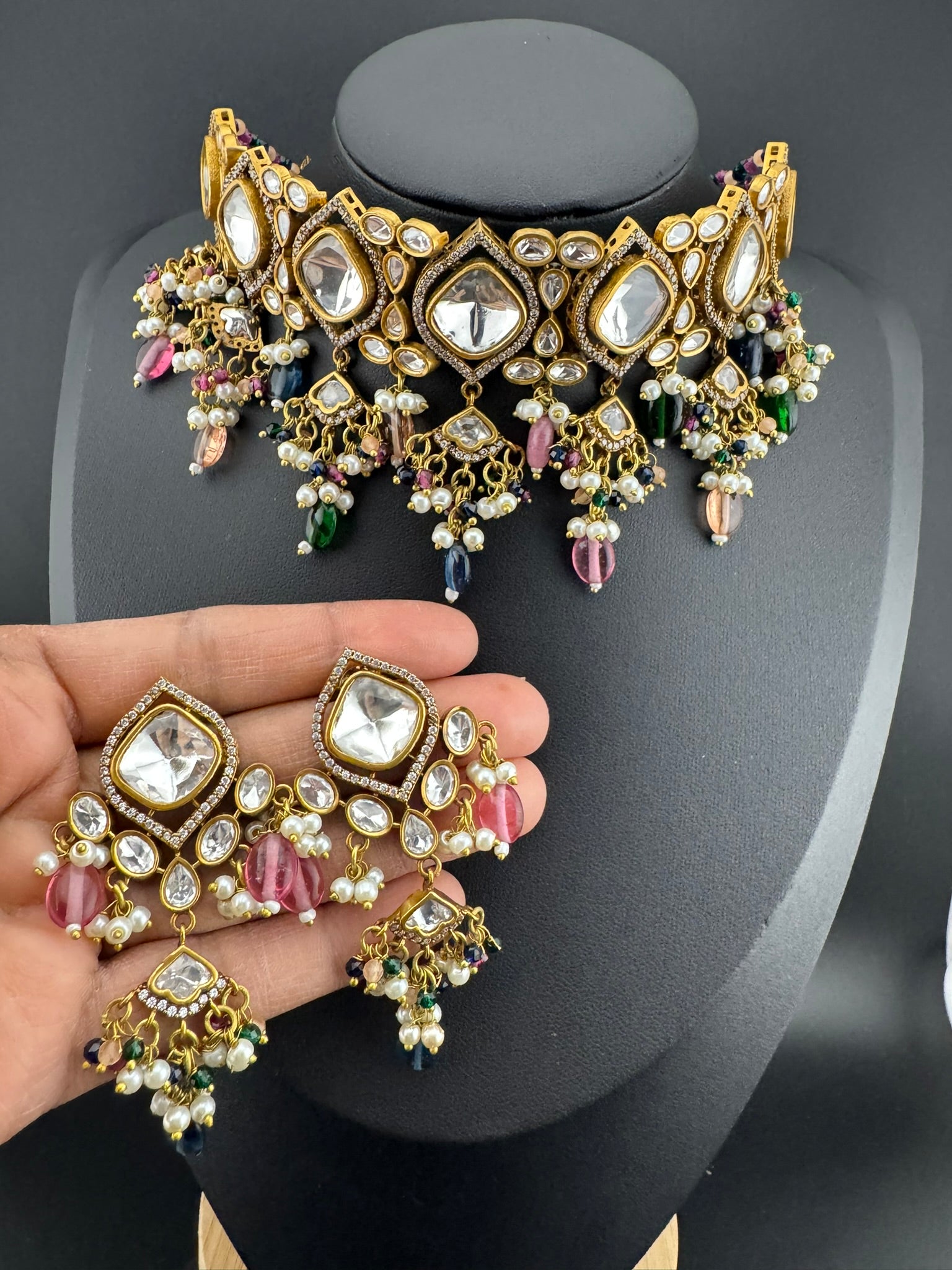 Multicolor Premium Quality Moissanite Uncut Kundan, CZ, natural stones, Onyx beads mala is Designer Choker necklace set with long earrings