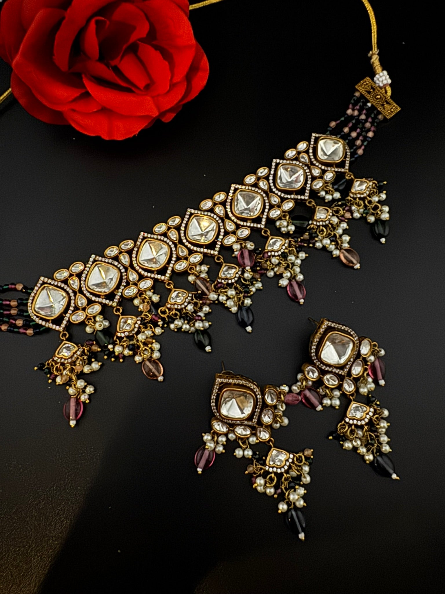 Multicolor Premium Quality Moissanite Uncut Kundan, CZ, natural stones, Onyx beads mala is Designer Choker necklace set with long earrings