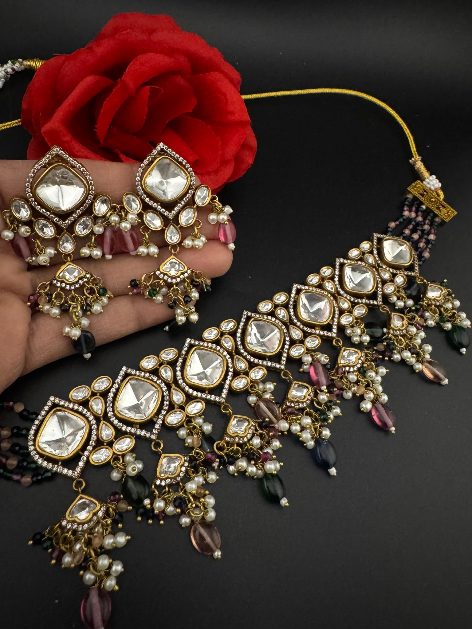 Multicolor Premium Quality Moissanite Uncut Kundan, CZ, natural stones, Onyx beads mala is Designer Choker necklace set with long earrings