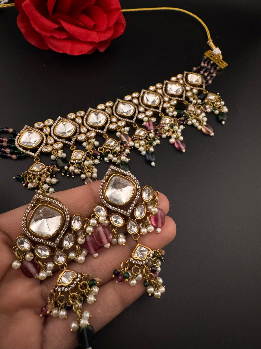 Multicolor Premium Quality Moissanite Uncut Kundan, CZ, natural stones, Onyx beads mala is Designer Choker necklace set with long earrings