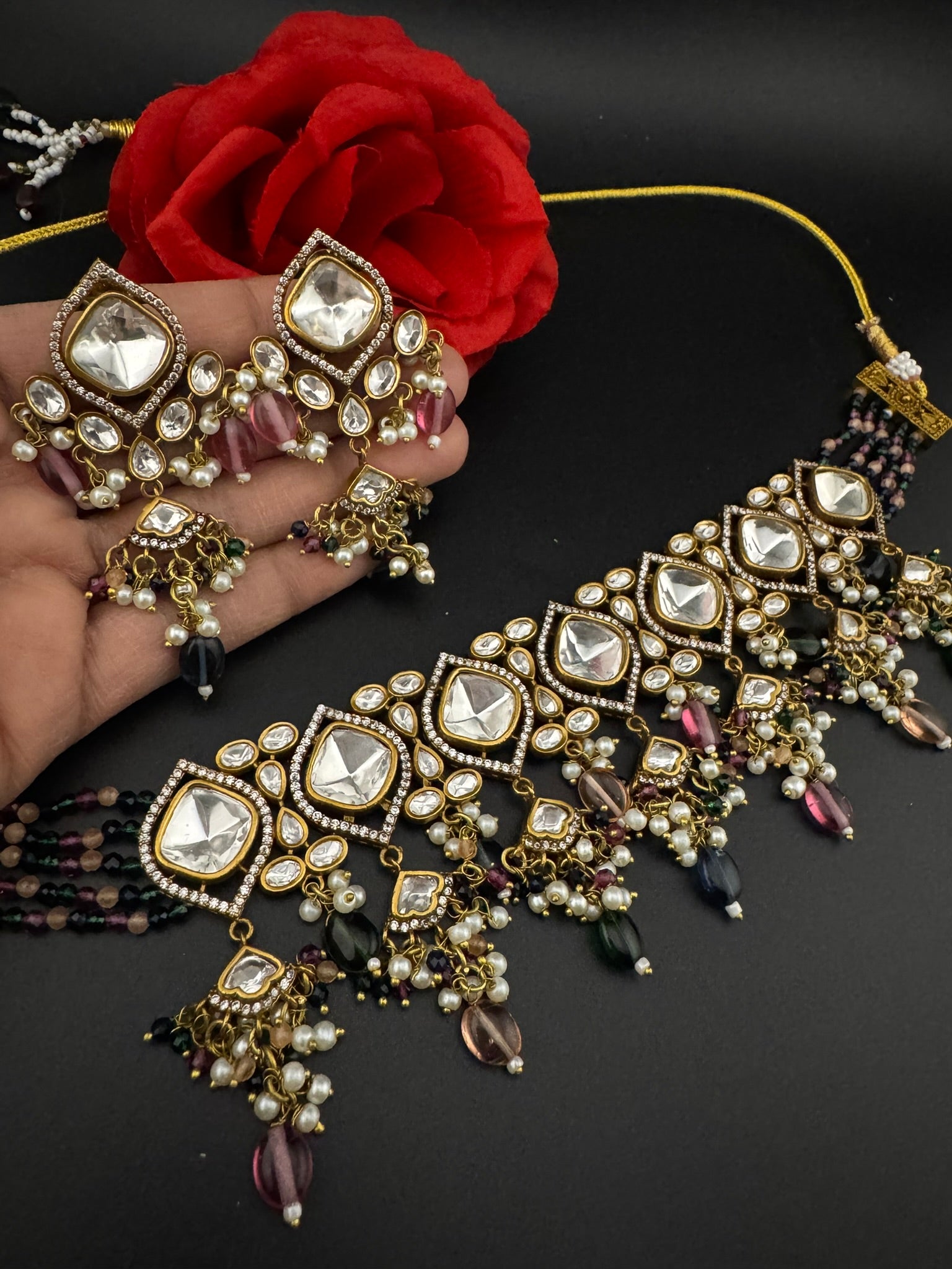 Multicolor Premium Quality Moissanite Uncut Kundan, CZ, natural stones, Onyx beads mala is Designer Choker necklace set with long earrings