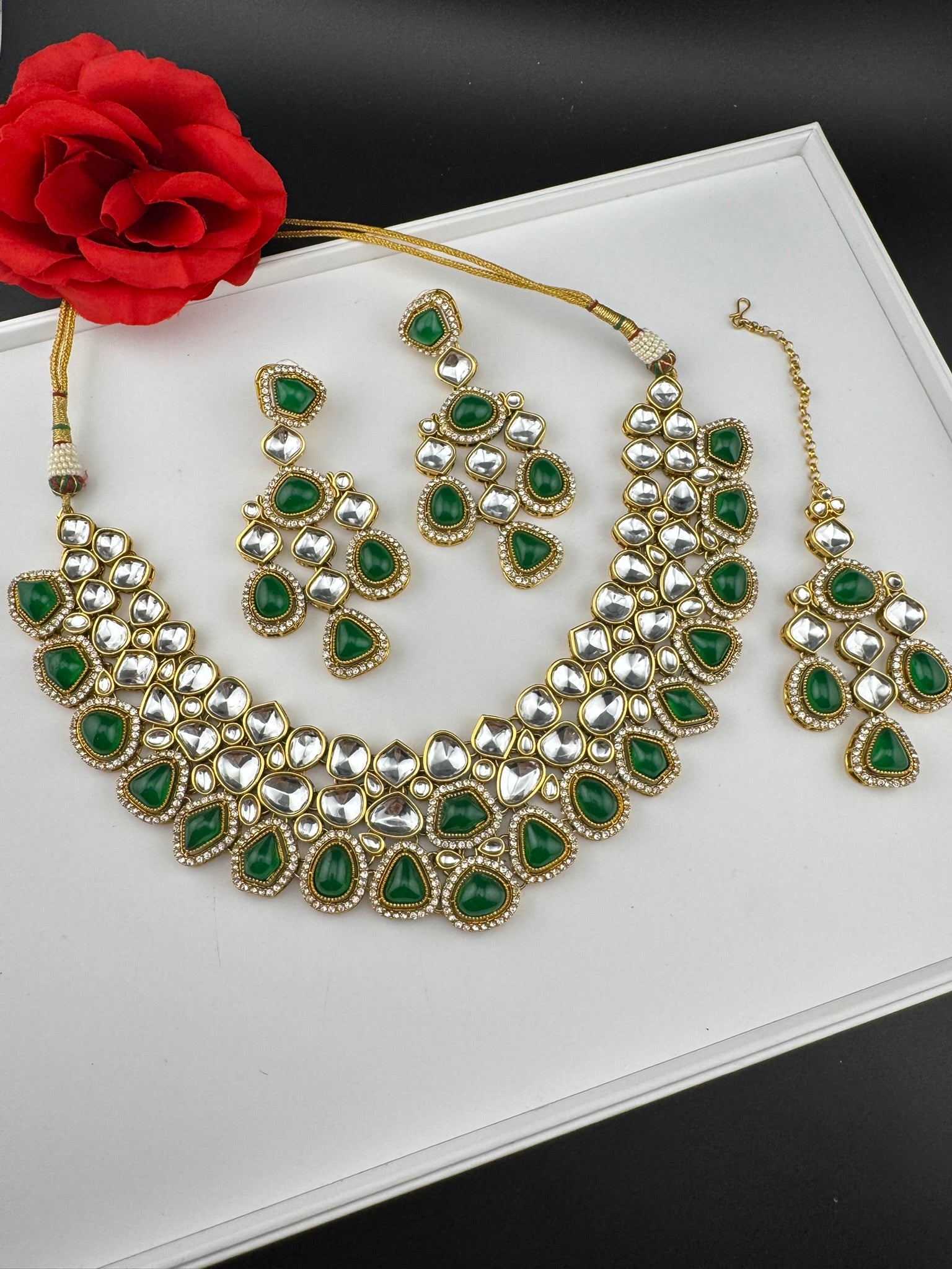 Green Premium Quality Moissanite Uncut Kundan, natural stones with long earrings and tikka is Bridal necklace set/Indian Necklace set