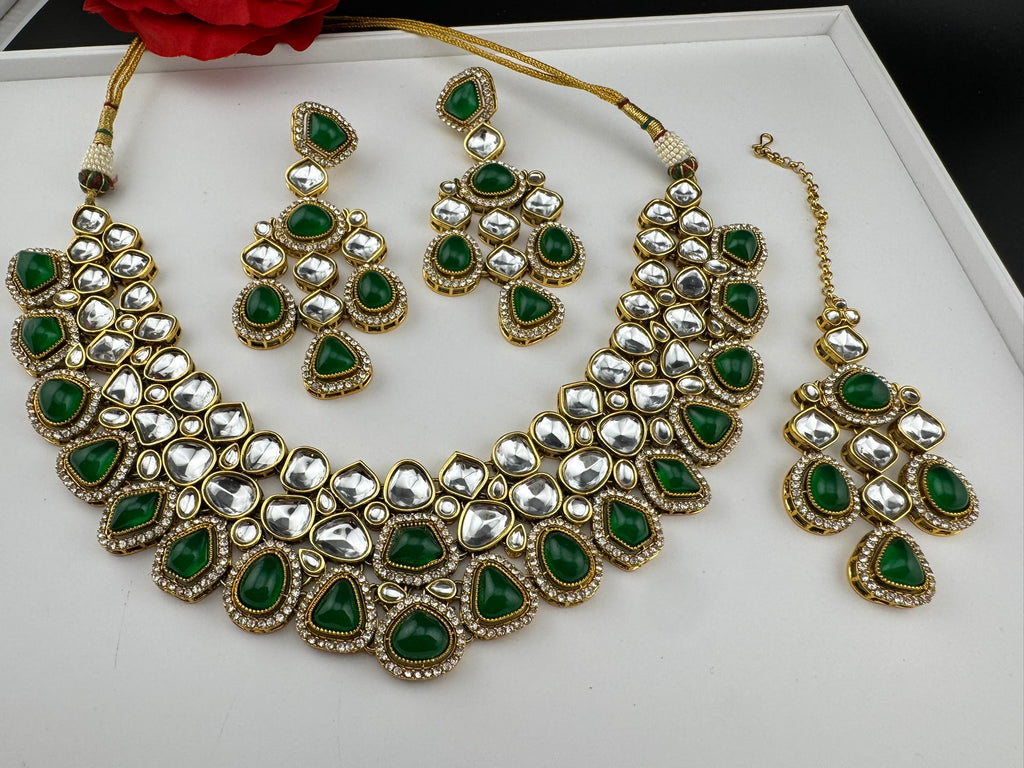 Green Premium Quality Moissanite Uncut Kundan, natural stones with long earrings and tikka is Bridal necklace set/Indian Necklace set