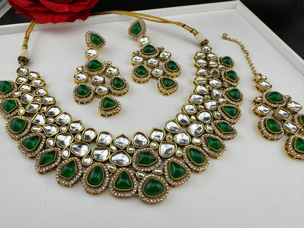 Green Premium Quality Moissanite Uncut Kundan, natural stones with long earrings and tikka is Bridal necklace set/Indian Necklace set