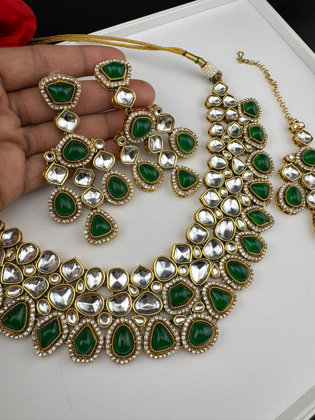 Green Premium Quality Moissanite Uncut Kundan, natural stones with long earrings and tikka is Bridal necklace set/Indian Necklace set