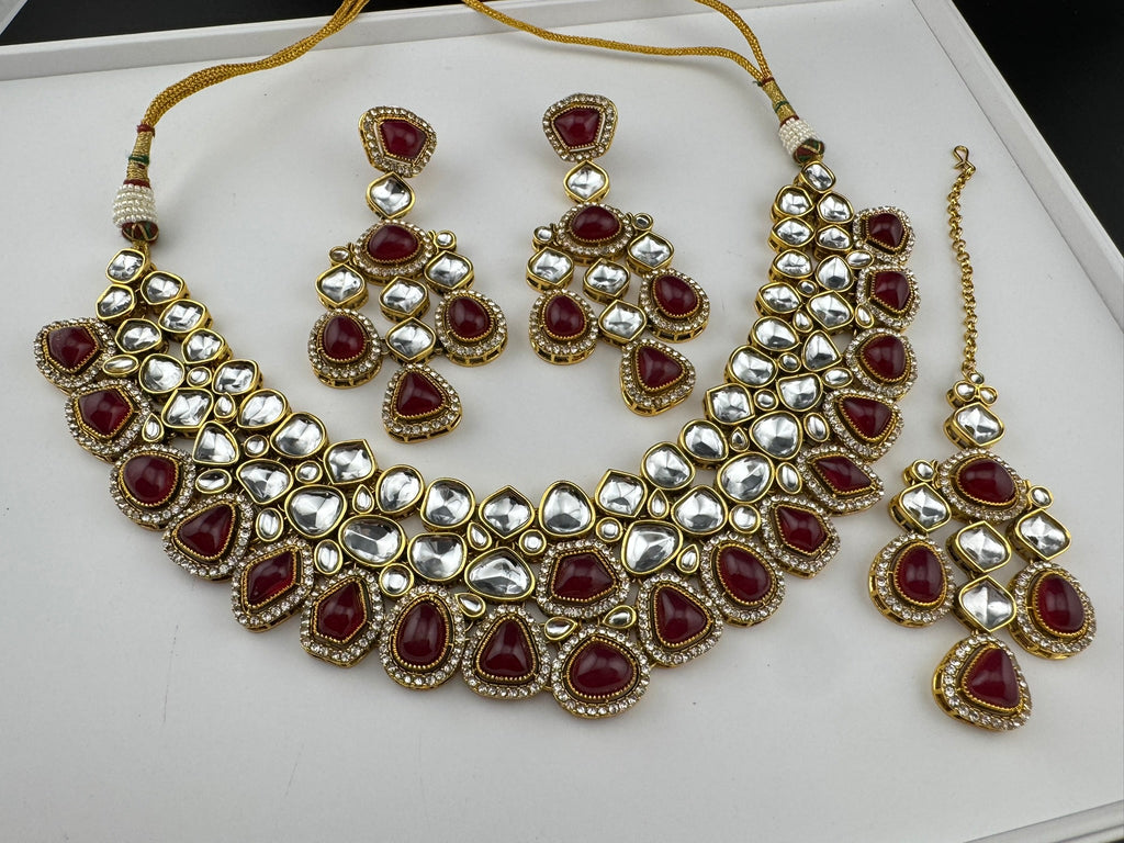 Red Premium Quality Moissanite Uncut Kundan, natural stones with long earrings and tikka is Bridal necklace set/Indian Necklace set
