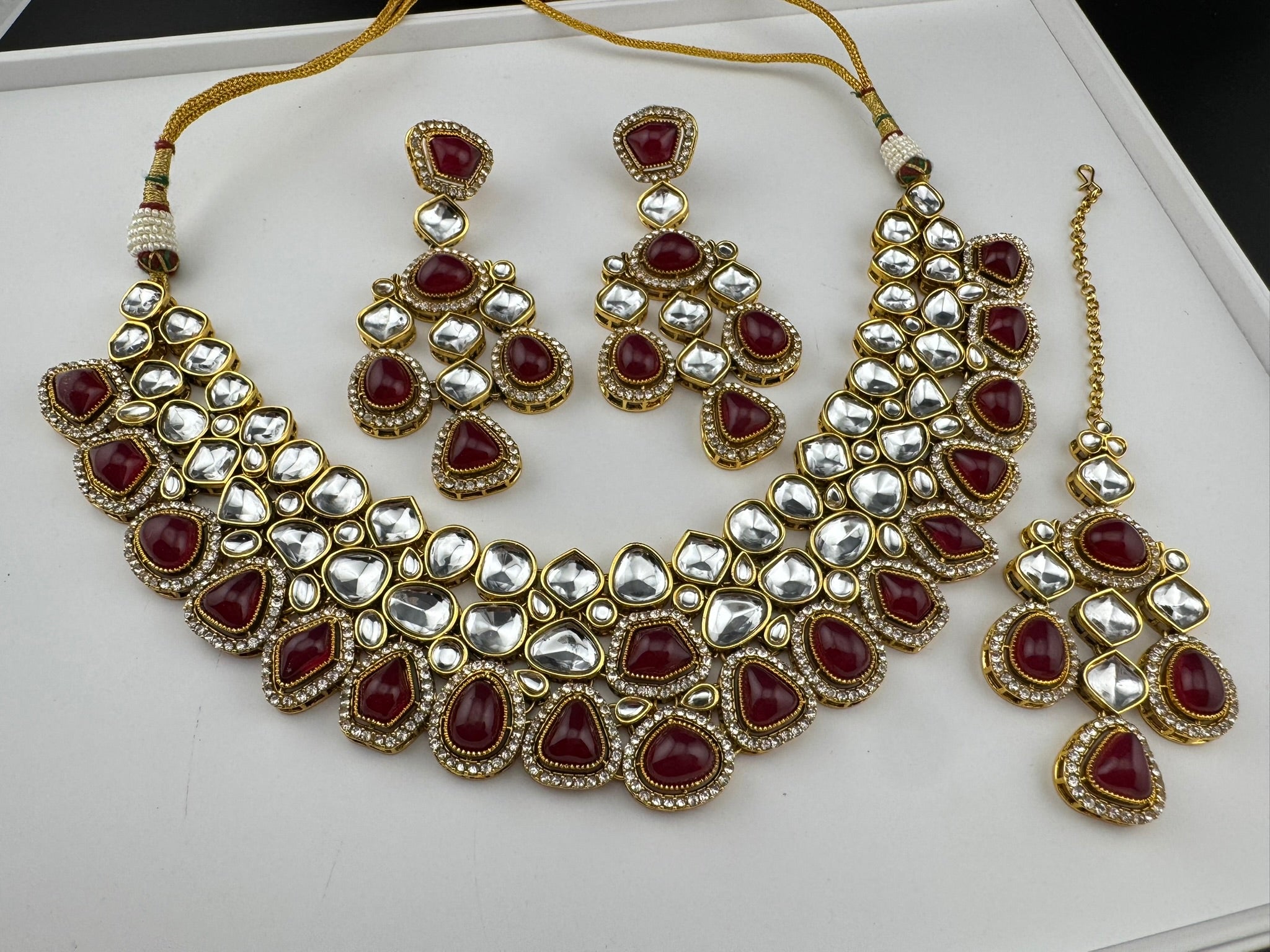Red Premium Quality Moissanite Uncut Kundan, natural stones with long earrings and tikka is Bridal necklace set/Indian Necklace set