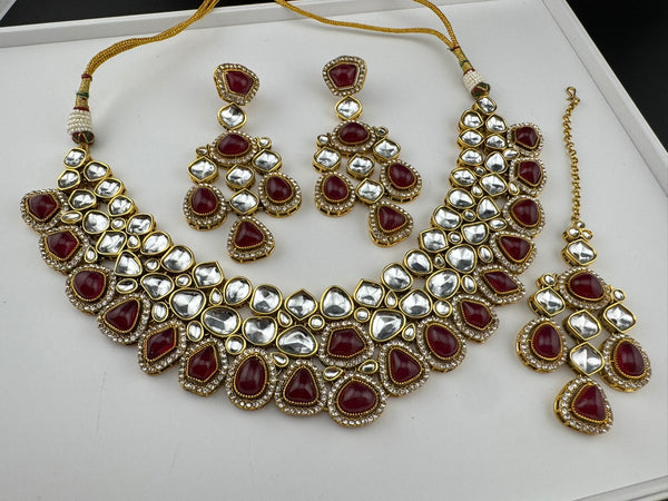 Red Premium Quality Moissanite Uncut Kundan, natural stones with long earrings and tikka is Bridal necklace set/Indian Necklace set