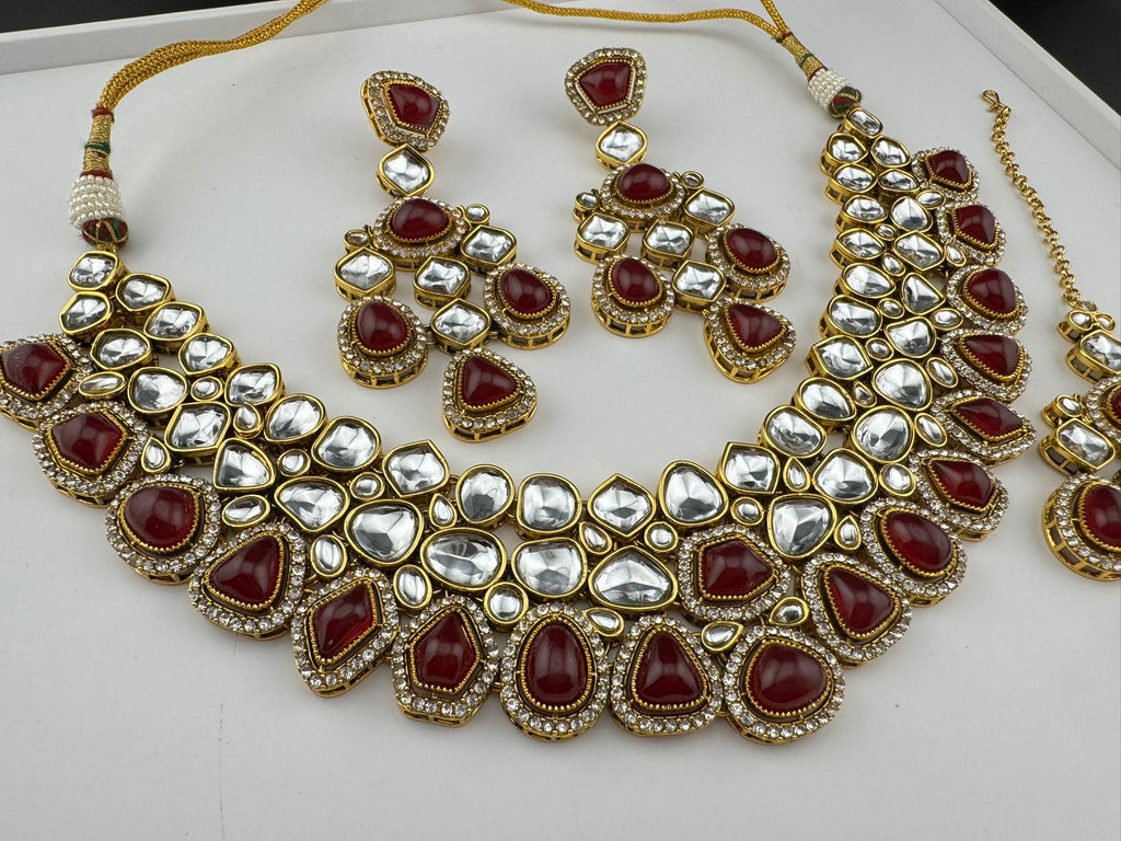 Red Premium Quality Moissanite Uncut Kundan, natural stones with long earrings and tikka is Bridal necklace set/Indian Necklace set