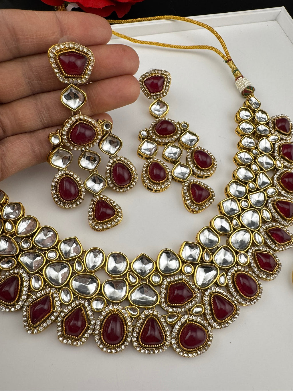 Red Premium Quality Moissanite Uncut Kundan, natural stones with long earrings and tikka is Bridal necklace set/Indian Necklace set