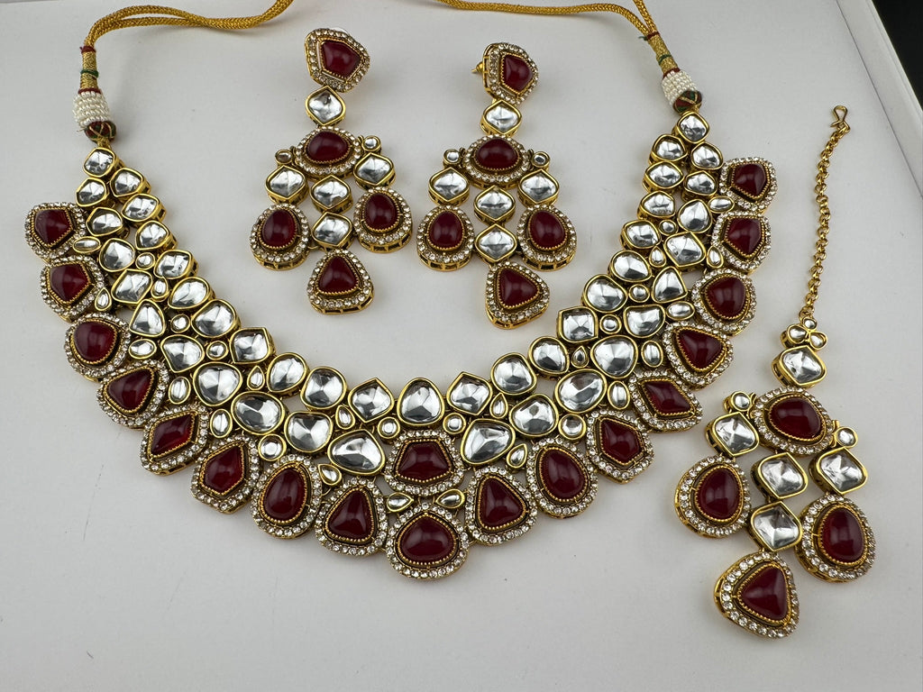 Red Premium Quality Moissanite Uncut Kundan, natural stones with long earrings and tikka is Bridal necklace set/Indian Necklace set