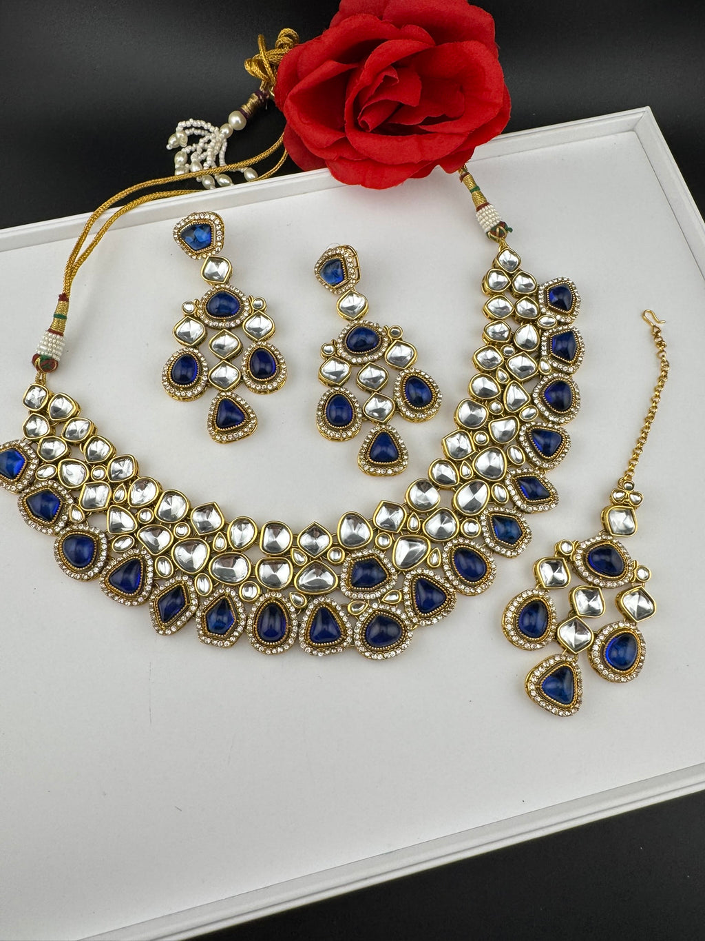 Blue Premium Quality Moissanite Uncut Kundan, natural stones with long earrings and tikka is Bridal necklace set/Indian Necklace set