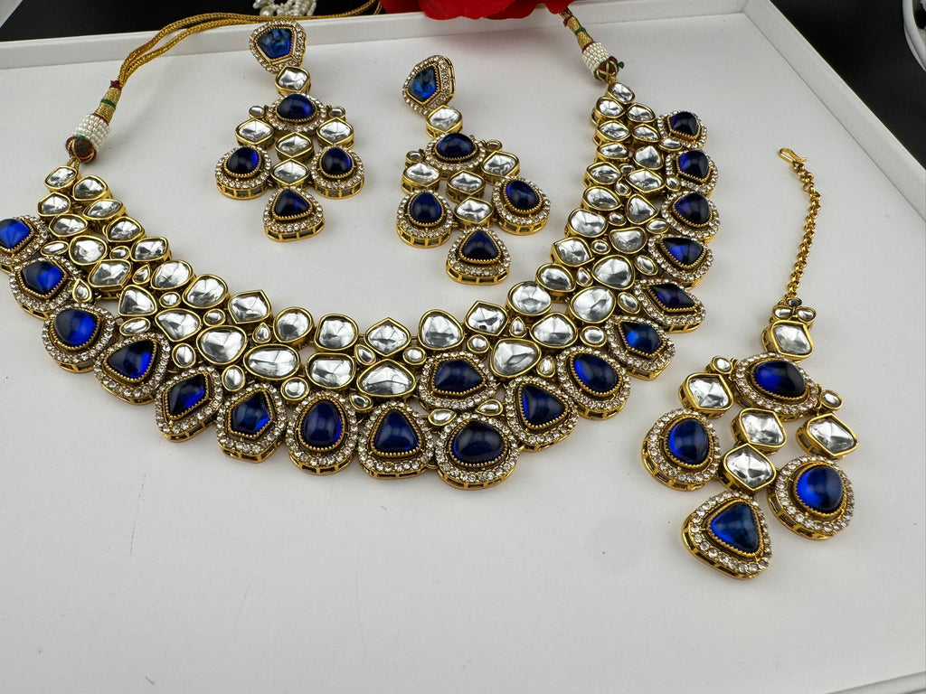 Blue Premium Quality Moissanite Uncut Kundan, natural stones with long earrings and tikka is Bridal necklace set/Indian Necklace set