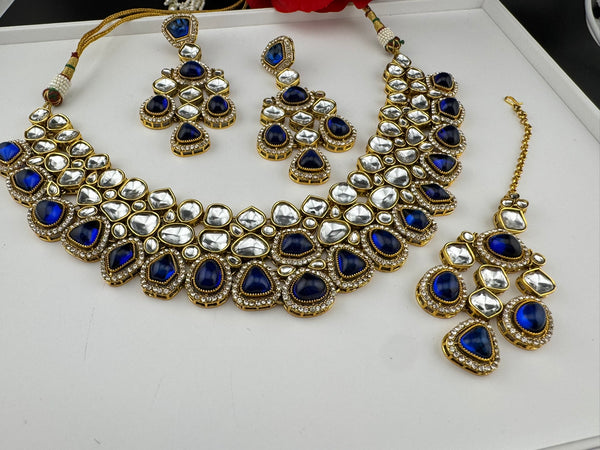 Blue Premium Quality Moissanite Uncut Kundan, natural stones with long earrings and tikka is Bridal necklace set/Indian Necklace set