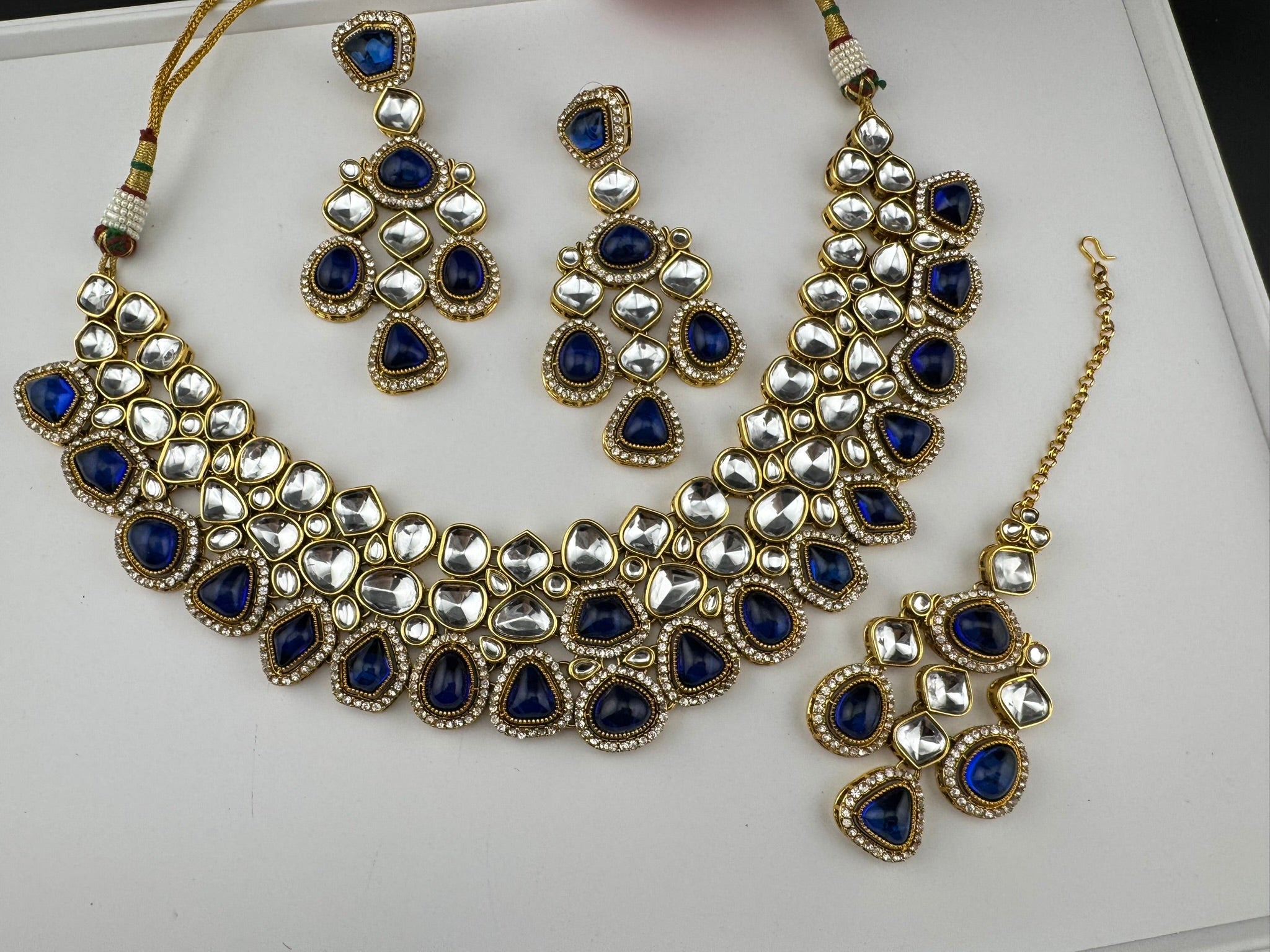 Blue Premium Quality Moissanite Uncut Kundan, natural stones with long earrings and tikka is Bridal necklace set/Indian Necklace set