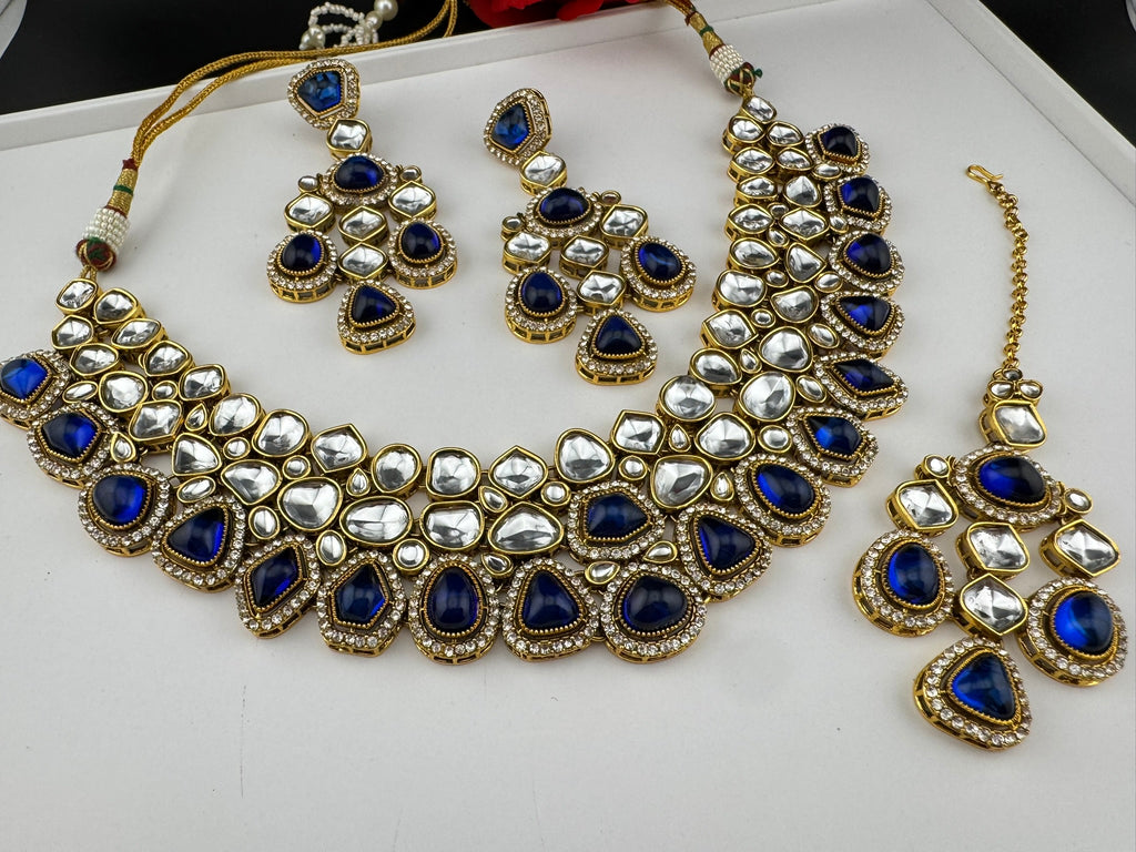 Blue Premium Quality Moissanite Uncut Kundan, natural stones with long earrings and tikka is Bridal necklace set/Indian Necklace set