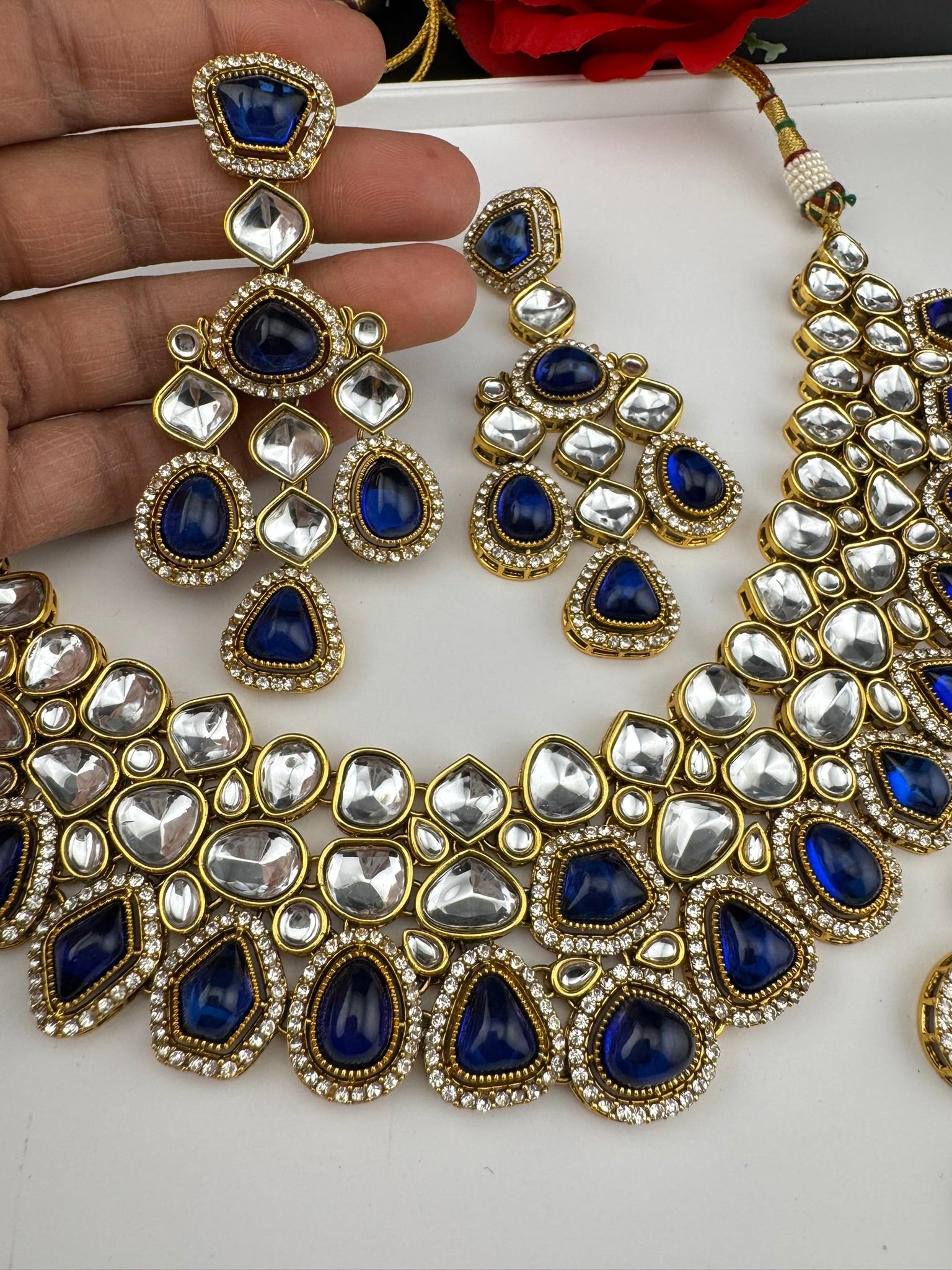 Blue Premium Quality Moissanite Uncut Kundan, natural stones with long earrings and tikka is Bridal necklace set/Indian Necklace set