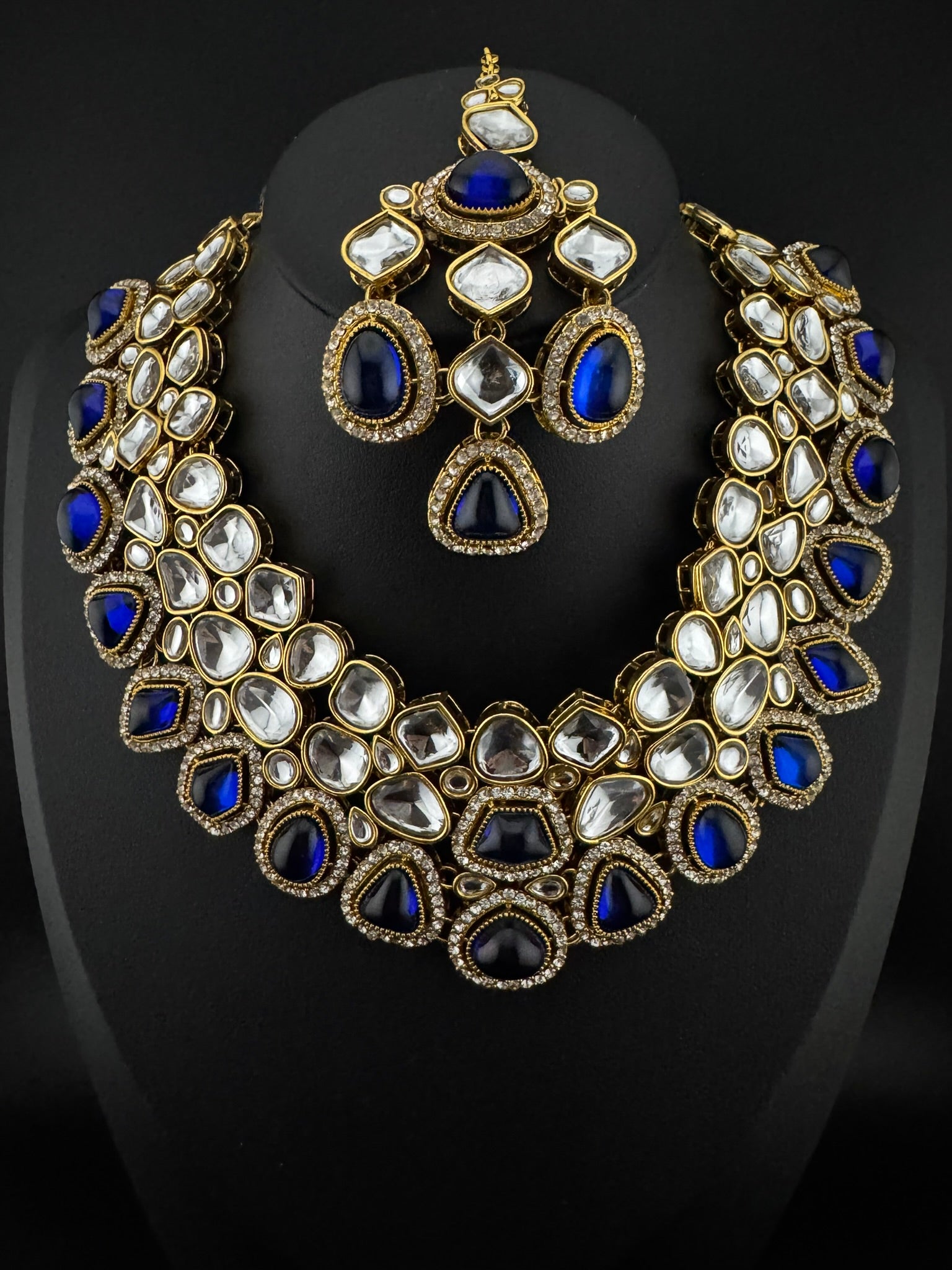 Blue Premium Quality Moissanite Uncut Kundan, natural stones with long earrings and tikka is Bridal necklace set/Indian Necklace set