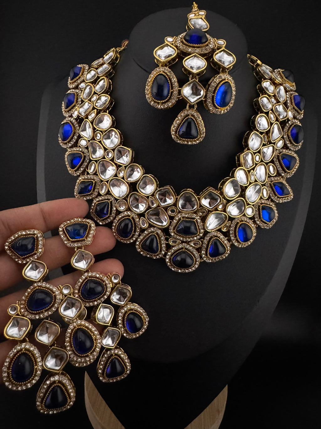 Blue Premium Quality Moissanite Uncut Kundan, natural stones with long earrings and tikka is Bridal necklace set/Indian Necklace set