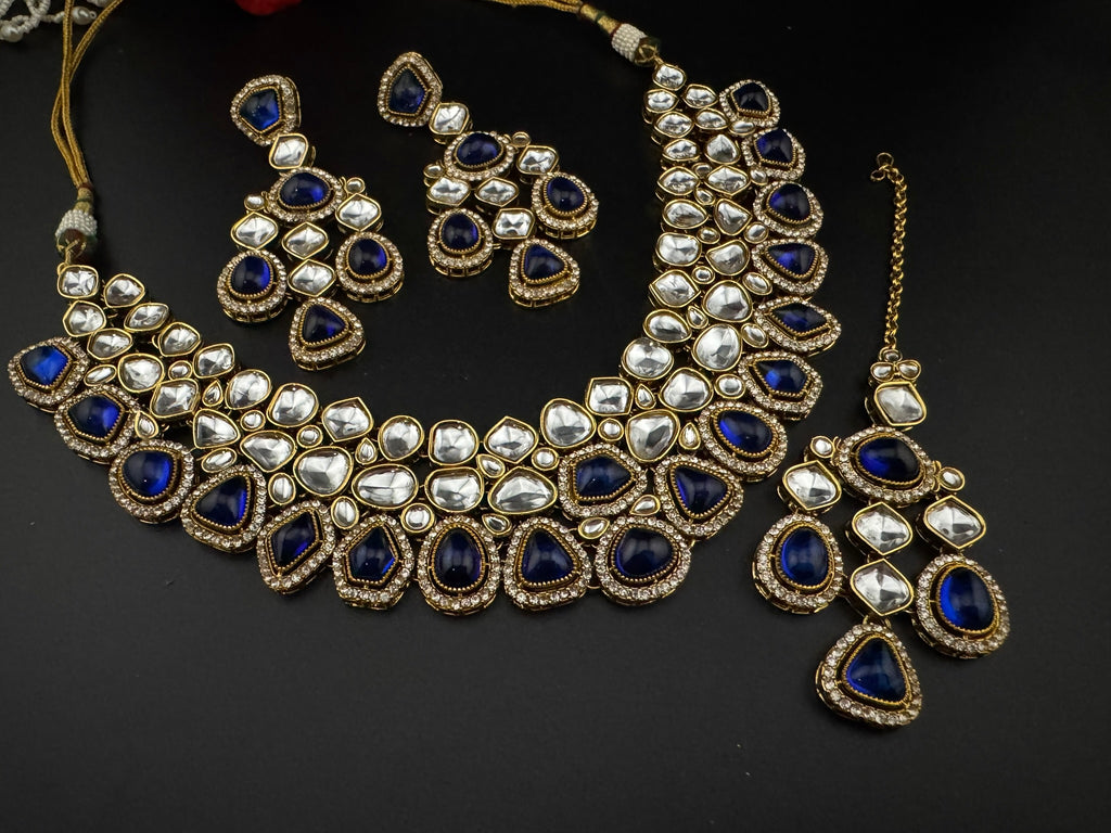 Blue Premium Quality Moissanite Uncut Kundan, natural stones with long earrings and tikka is Bridal necklace set/Indian Necklace set