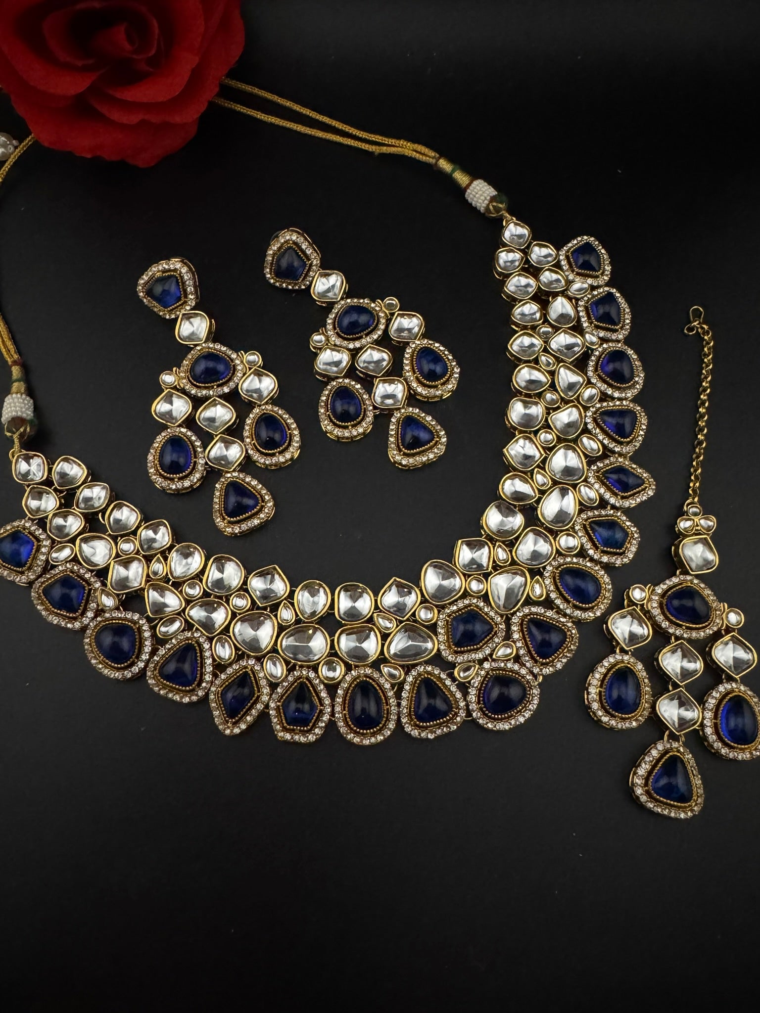 Blue Premium Quality Moissanite Uncut Kundan, natural stones with long earrings and tikka is Bridal necklace set/Indian Necklace set