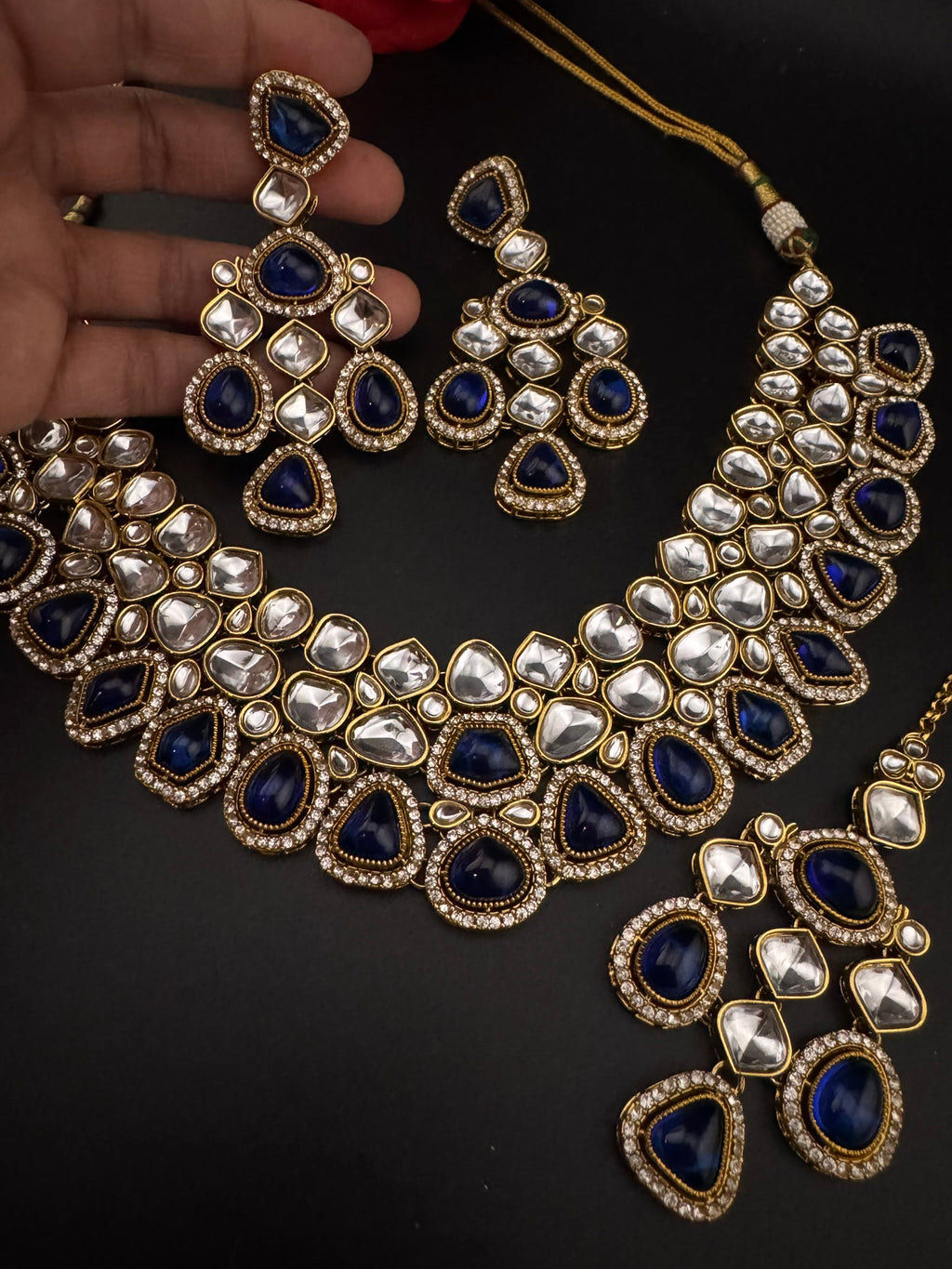Blue Premium Quality Moissanite Uncut Kundan, natural stones with long earrings and tikka is Bridal necklace set/Indian Necklace set