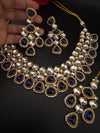 Blue Premium Quality Moissanite Uncut Kundan, natural stones with long earrings and tikka is Bridal necklace set/Indian Necklace set