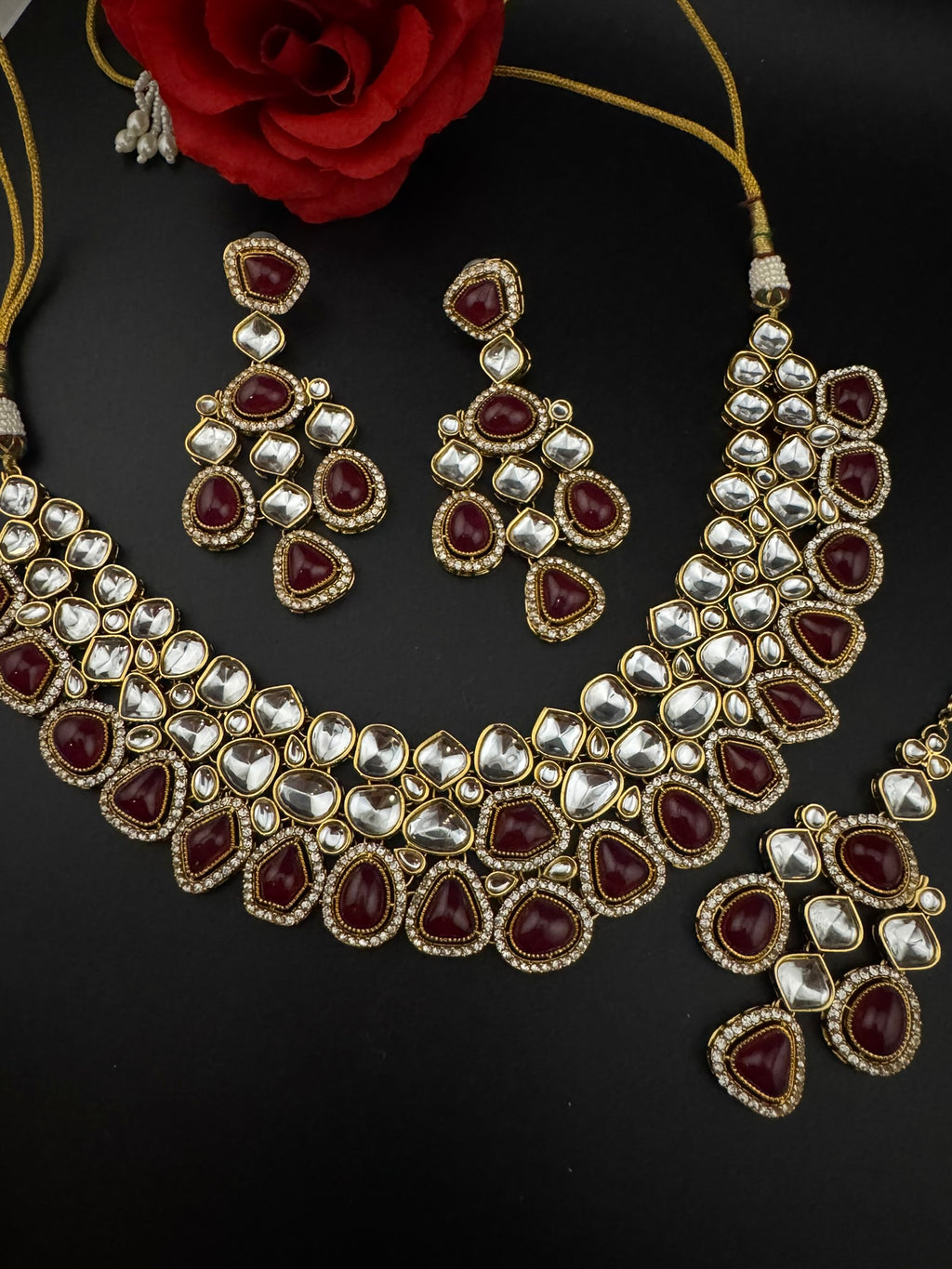 Red Premium Quality Moissanite Uncut Kundan, natural stones with long earrings and tikka is Bridal necklace set/Indian Necklace set