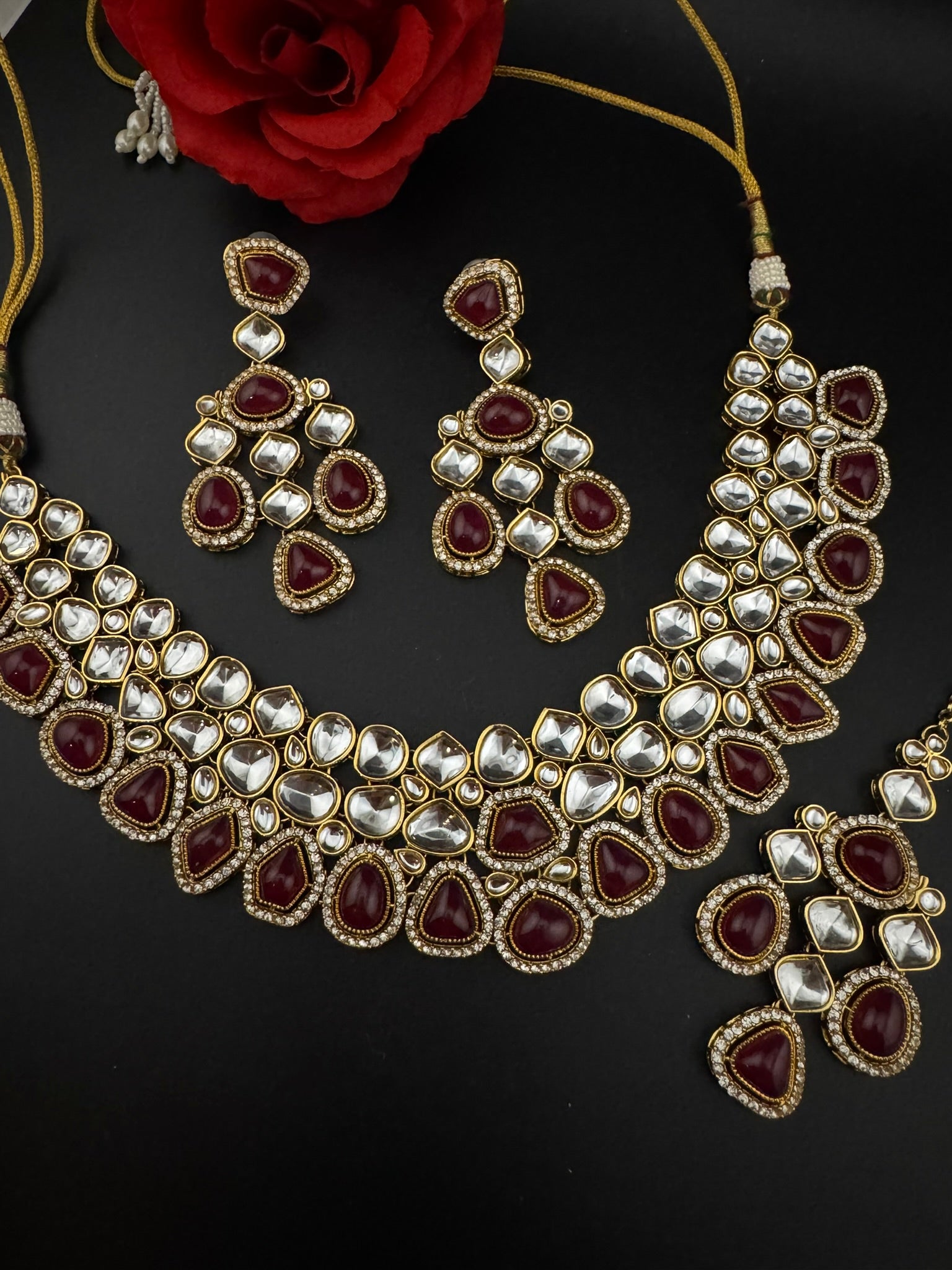 Red Premium Quality Moissanite Uncut Kundan, natural stones with long earrings and tikka is Bridal necklace set/Indian Necklace set