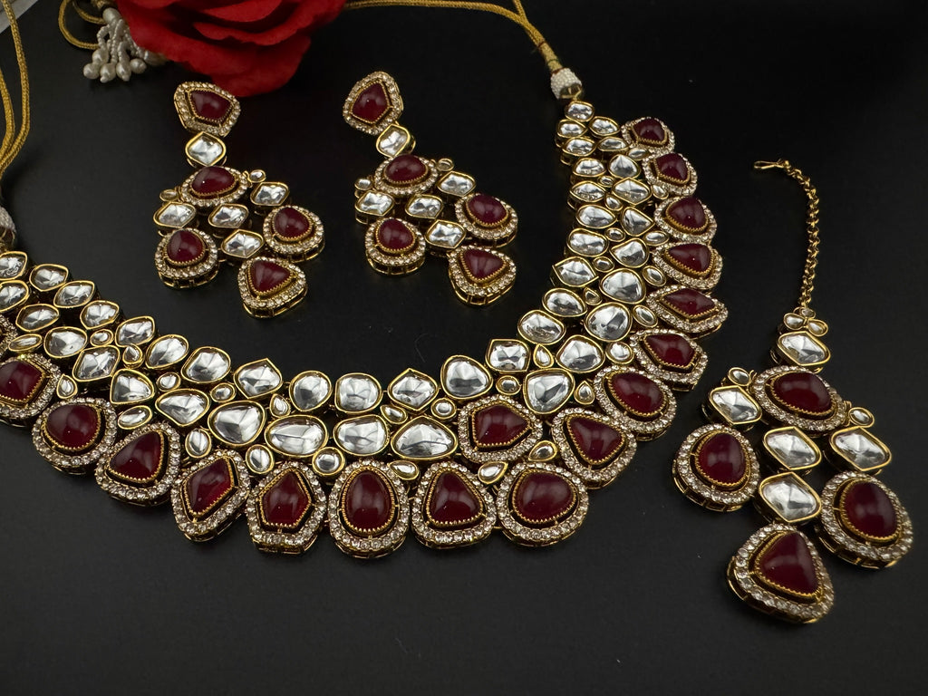 Red Premium Quality Moissanite Uncut Kundan, natural stones with long earrings and tikka is Bridal necklace set/Indian Necklace set