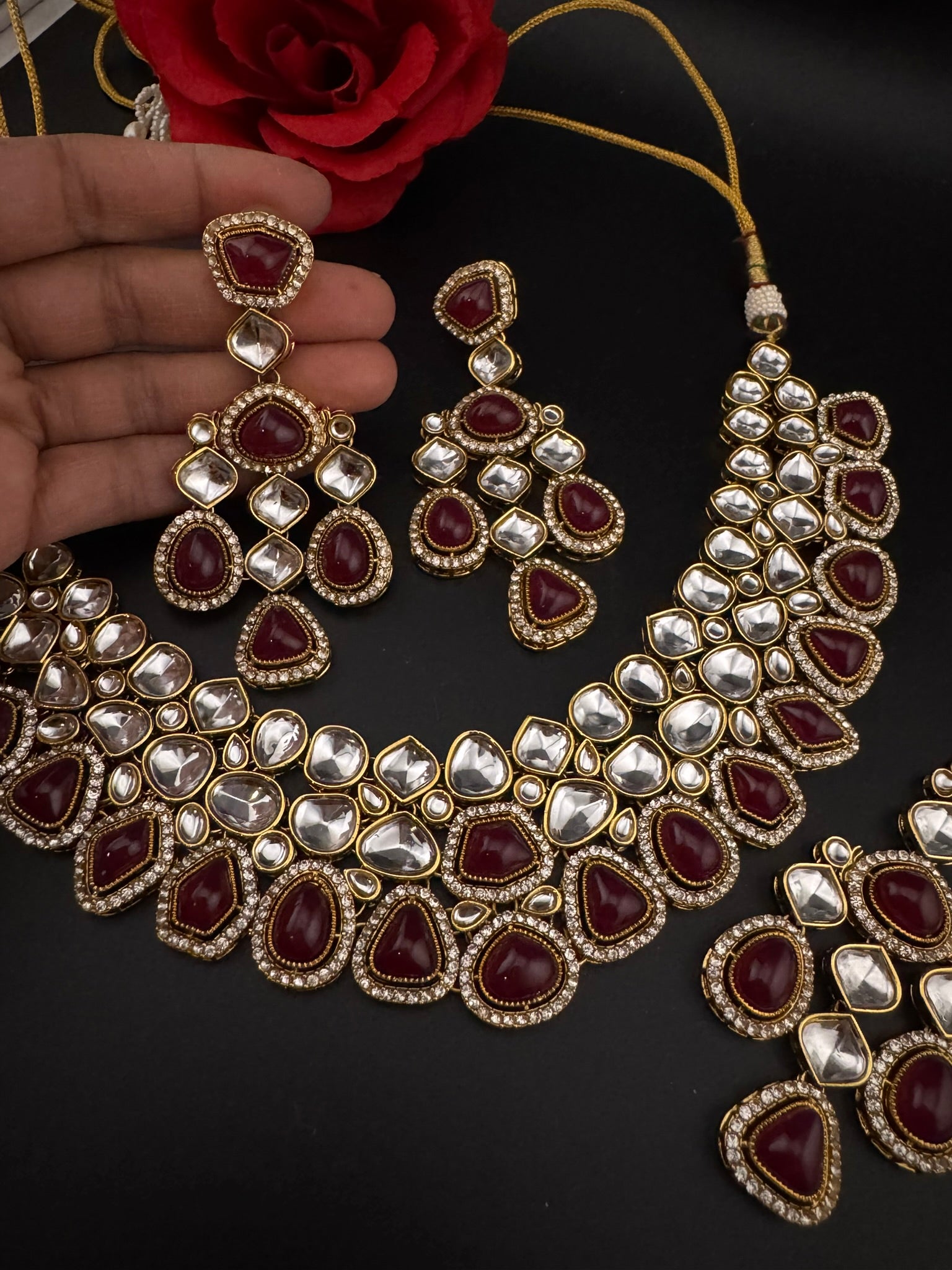 Red Premium Quality Moissanite Uncut Kundan, natural stones with long earrings and tikka is Bridal necklace set/Indian Necklace set