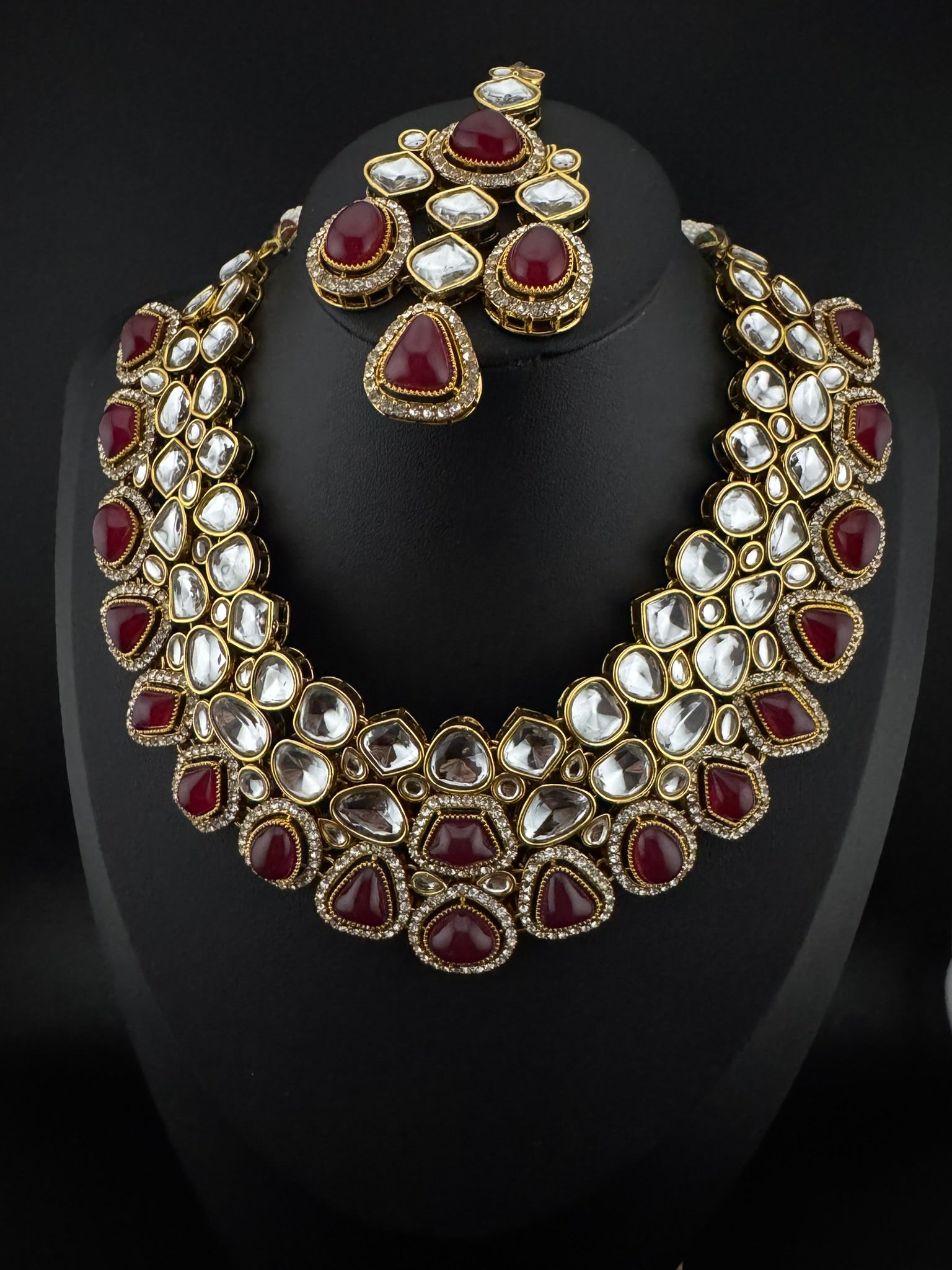 Red Premium Quality Moissanite Uncut Kundan, natural stones with long earrings and tikka is Bridal necklace set/Indian Necklace set