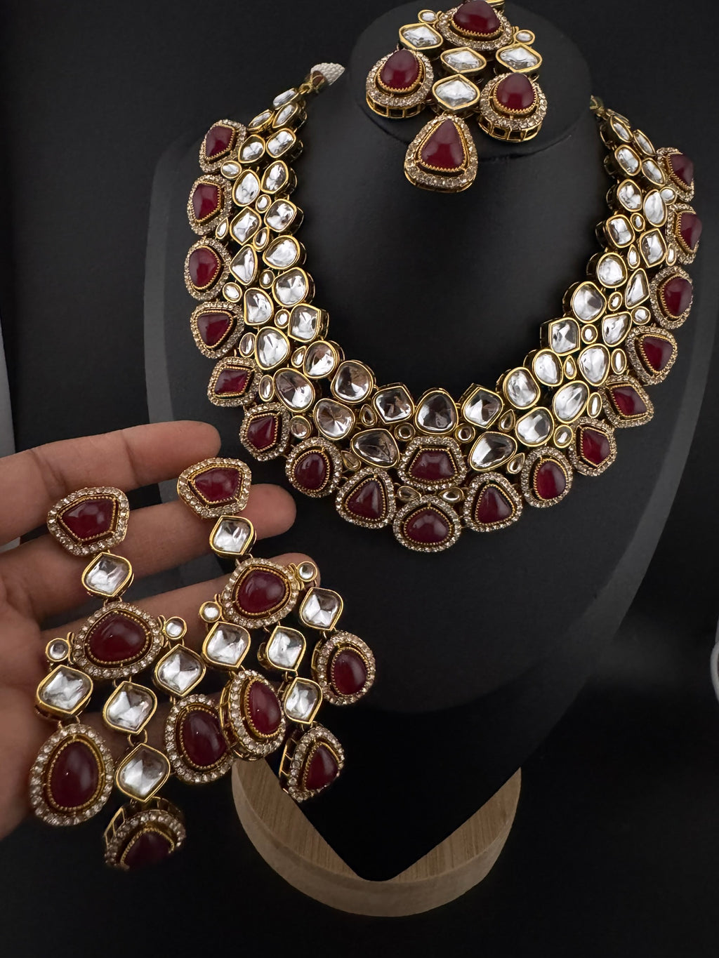 Red Premium Quality Moissanite Uncut Kundan, natural stones with long earrings and tikka is Bridal necklace set/Indian Necklace set