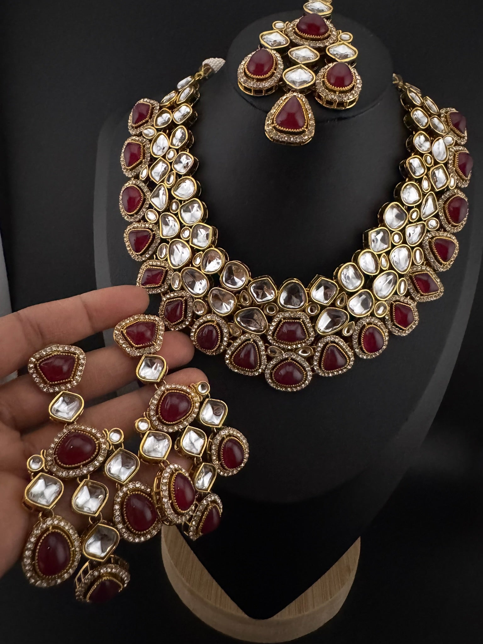 Red Premium Quality Moissanite Uncut Kundan, natural stones with long earrings and tikka is Bridal necklace set/Indian Necklace set