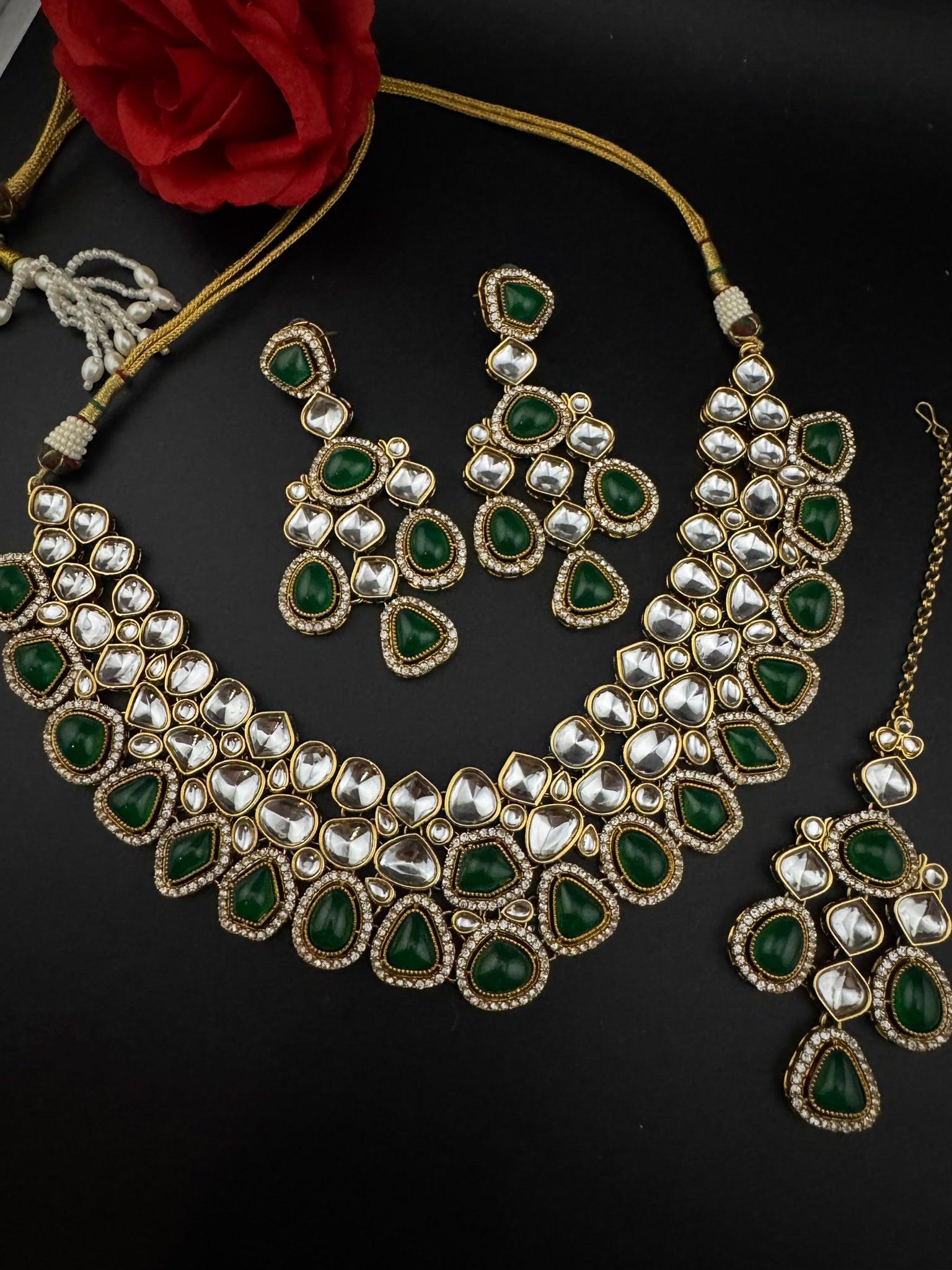 Green Premium Quality Moissanite Uncut Kundan, natural stones with long earrings and tikka is Bridal necklace set/Indian Necklace set