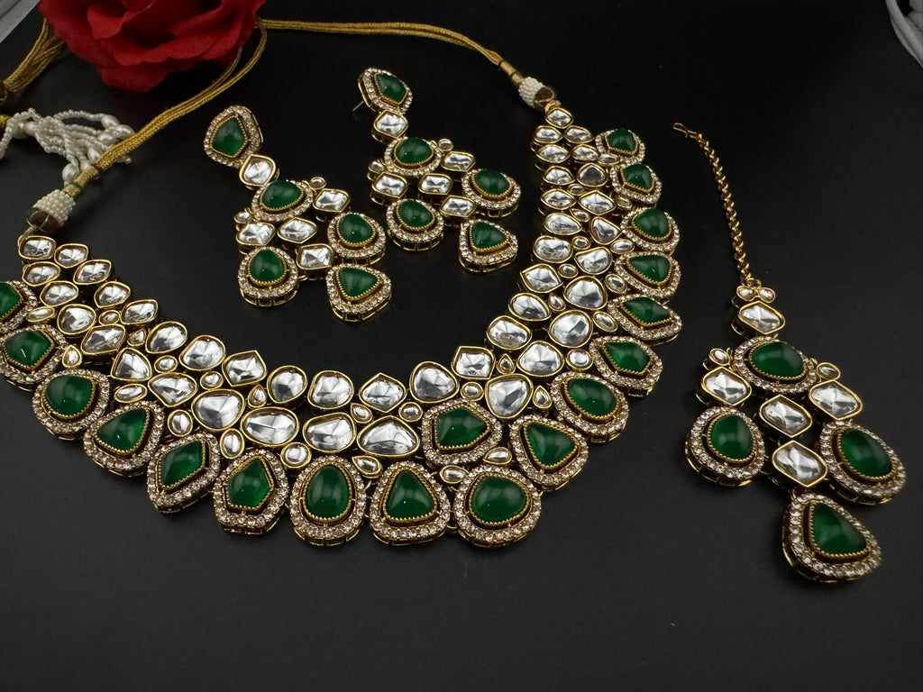 Green Premium Quality Moissanite Uncut Kundan, natural stones with long earrings and tikka is Bridal necklace set/Indian Necklace set