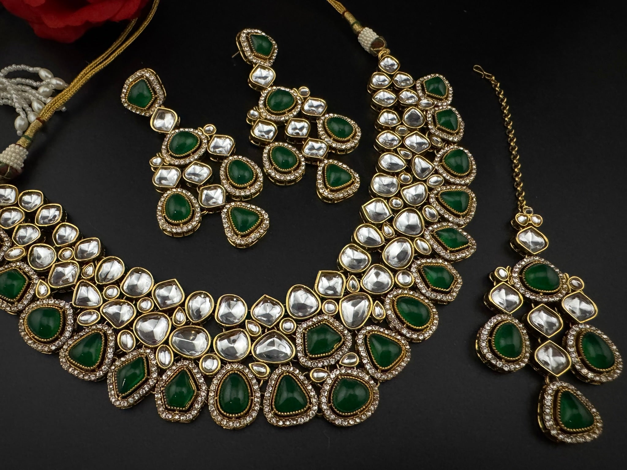 Green Premium Quality Moissanite Uncut Kundan, natural stones with long earrings and tikka is Bridal necklace set/Indian Necklace set